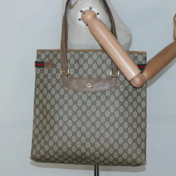 GUCCI GG Supreme Web Sherry Line Tote Bag PVC Beige Gold 39 02 091 Auth 135062 - Picture 1 of 15